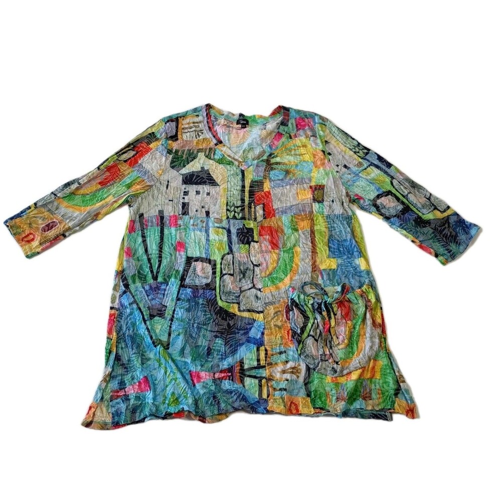 Shana Shirt Art To Wear Front Pocket Tunic V neck Top M 3/4 Sleeve Maximalist